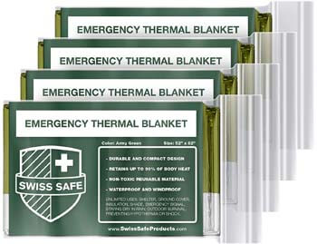 1: Swiss Safe Emergency Mylar Thermal Blankets (4-Pack) + Bonus Signature Gold Foil Space Blanket