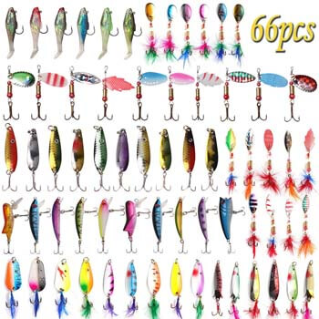 3. JSHANMEI Fishing Lures Kit 66pcs Spinners Swimbait Crankbait Minnow Feathered Metal Spoons Variety Lure Kit