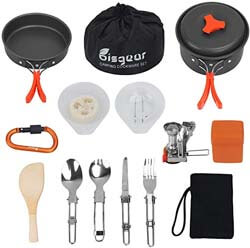 8. Bisgear 16 Pcs Camping Cookware Stove Carabiner Folding Spork Set